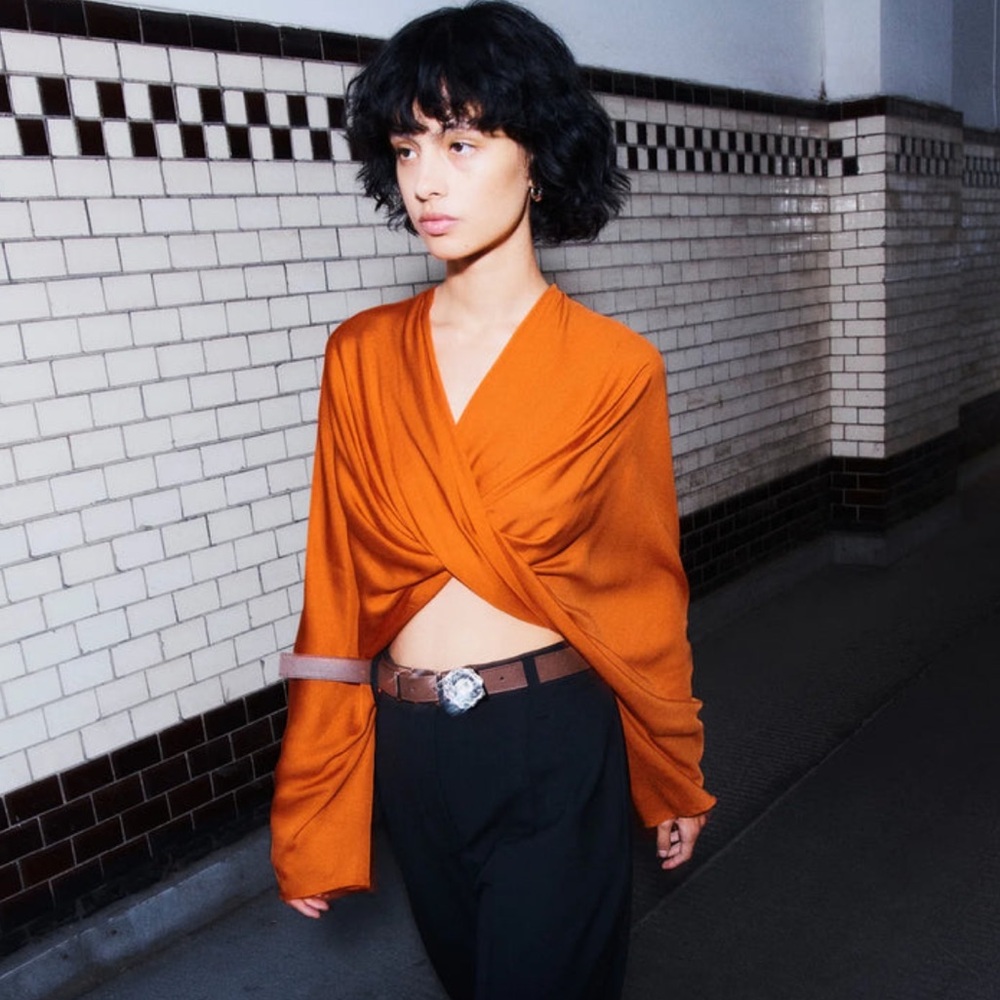 BEAUFILLE Twist Tangerine Orange Top Blouse